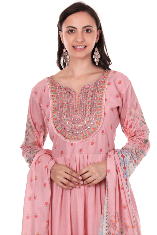 Mul Cotton Anarkali floral suit with thread  and mirror embroidered neck