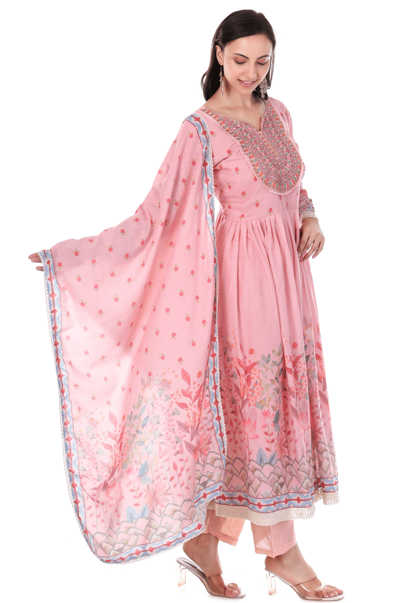 Mul Cotton Anarkali floral suit with thread  and mirror embroidered neck