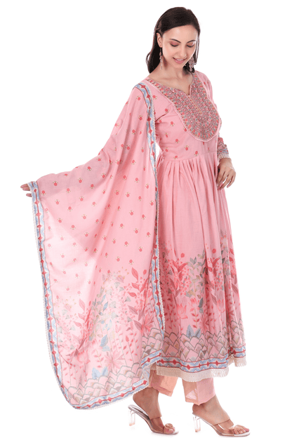 Mul Cotton Anarkali floral suit with thread  and mirror embroidered neck