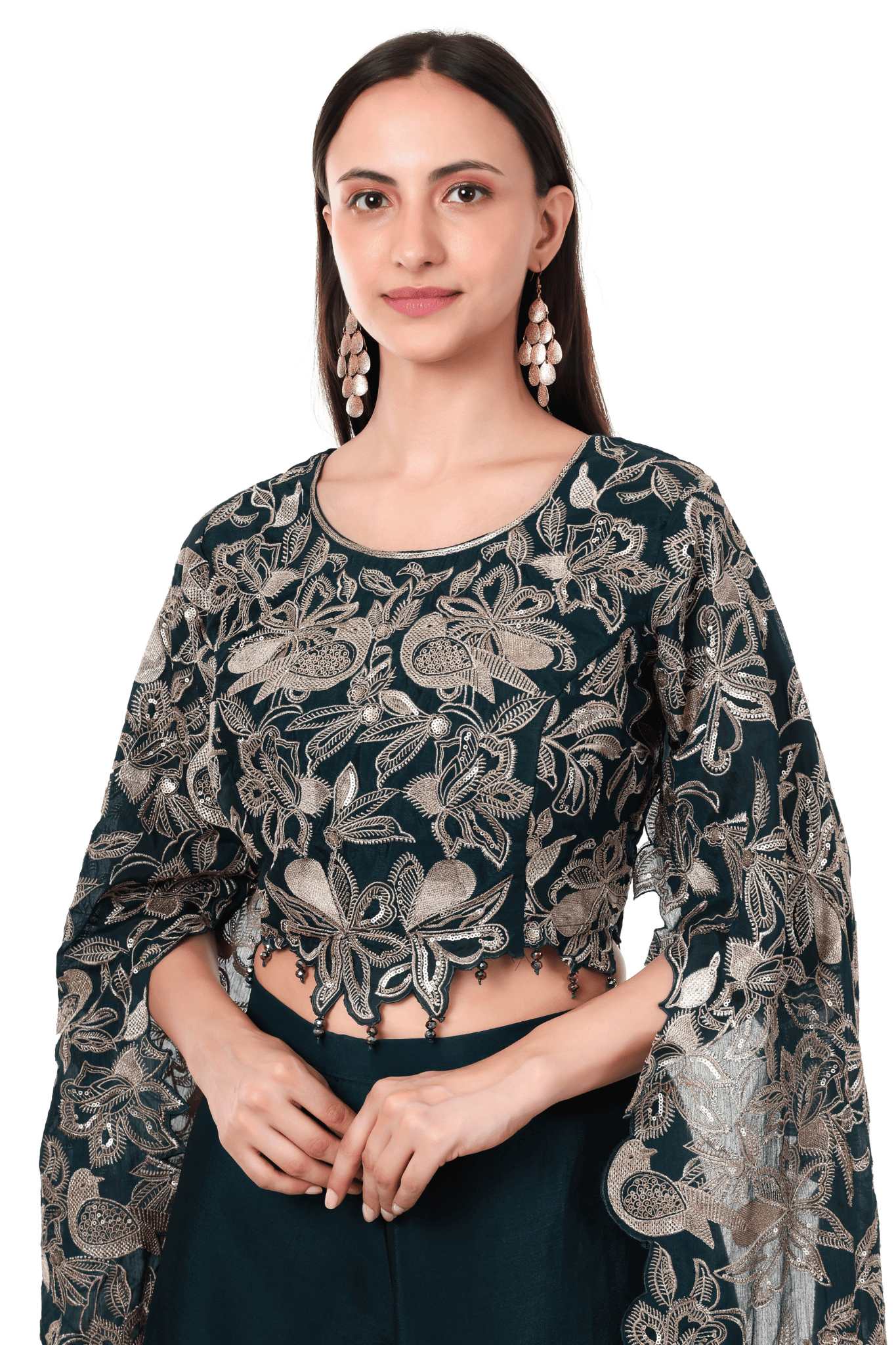 Long sleeved emboidered plazo set