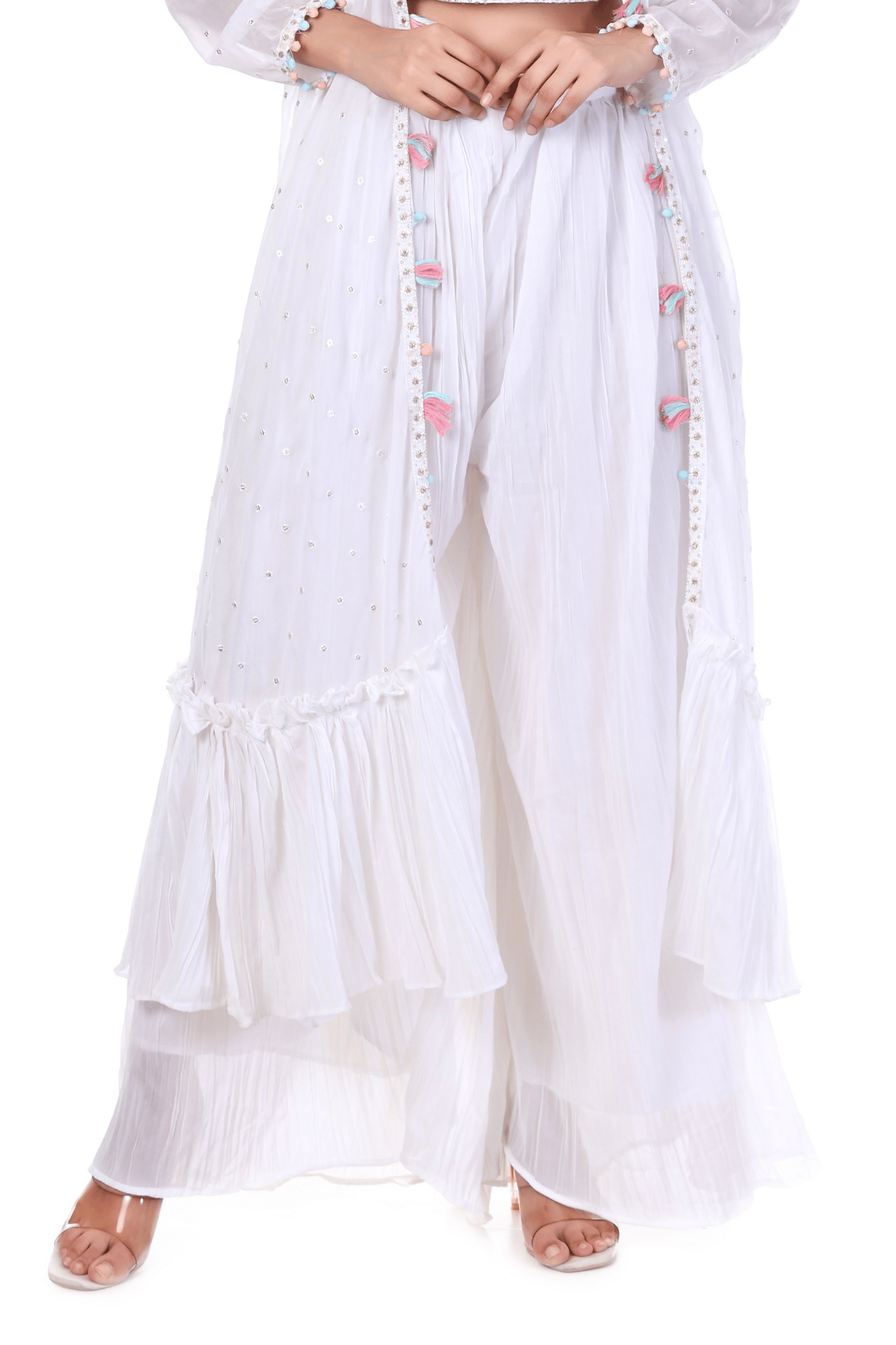 Georgette chiffon White plazo jacket cape set