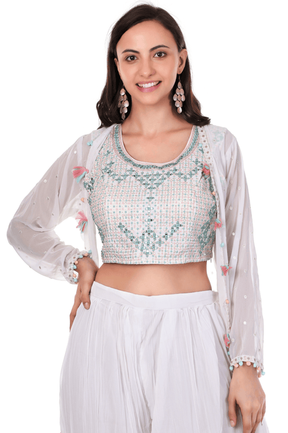 Georgette chiffon White plazo jacket cape set
