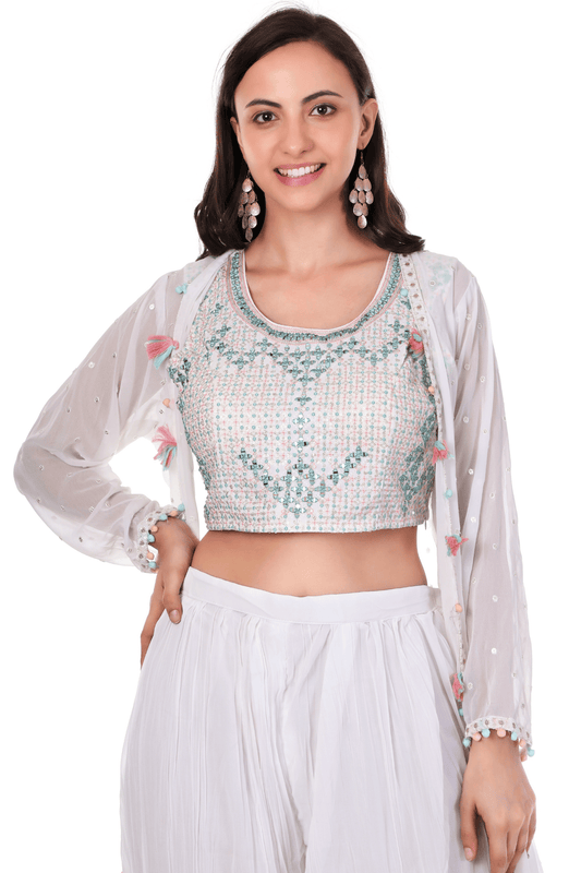 Georgette chiffon White plazo jacket cape set