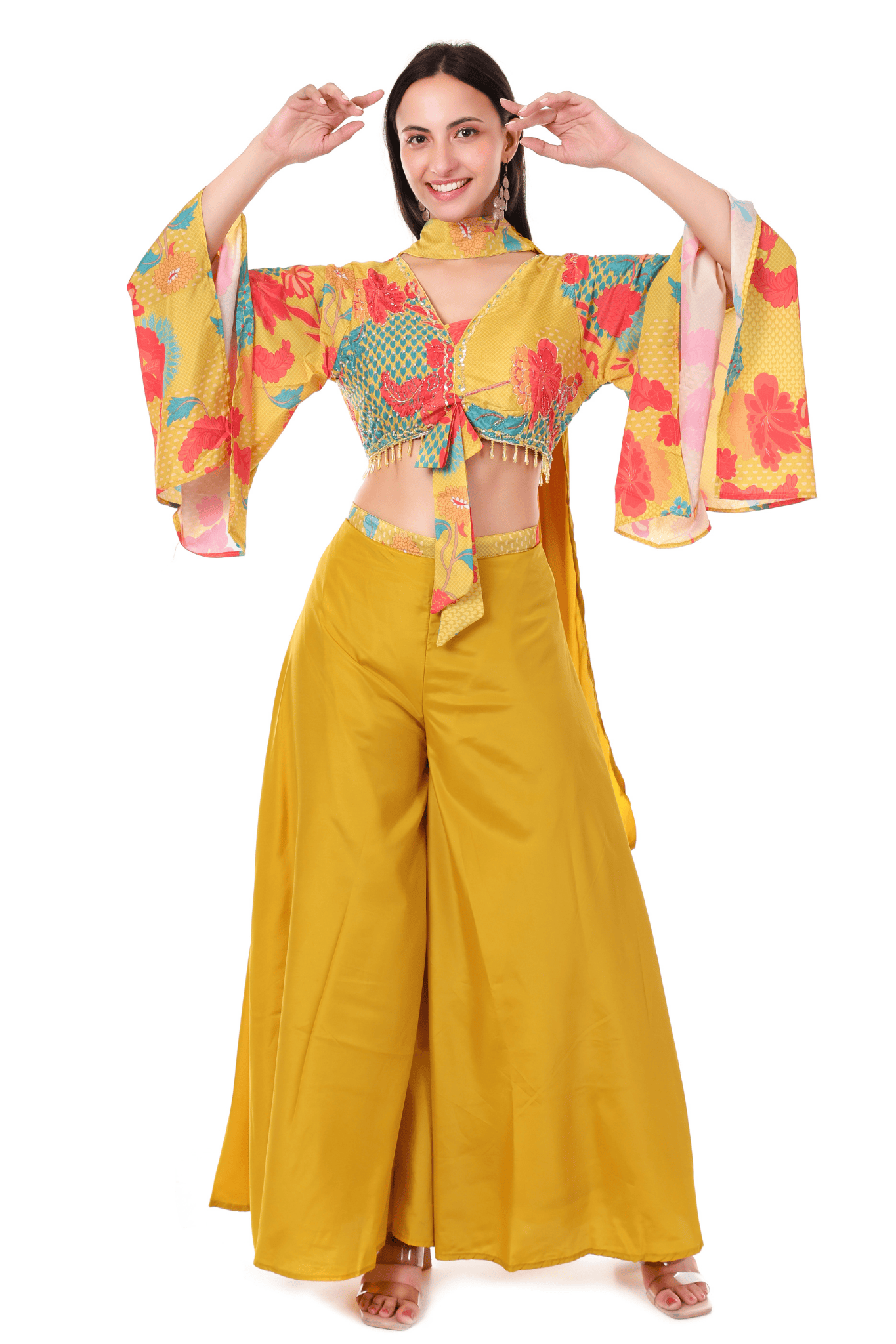 Yellow notted blouse plazo set