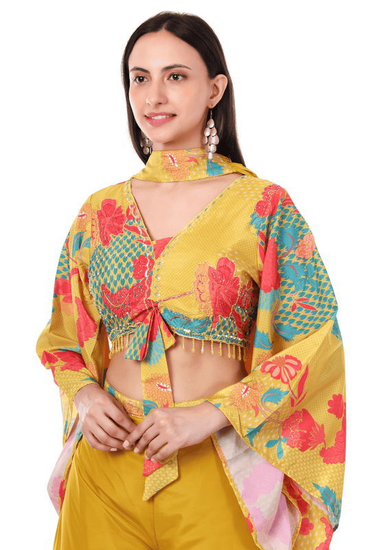 Yellow notted blouse plazo set