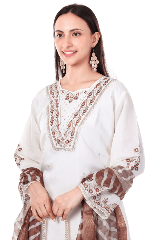 White suit with Aplique work and potli