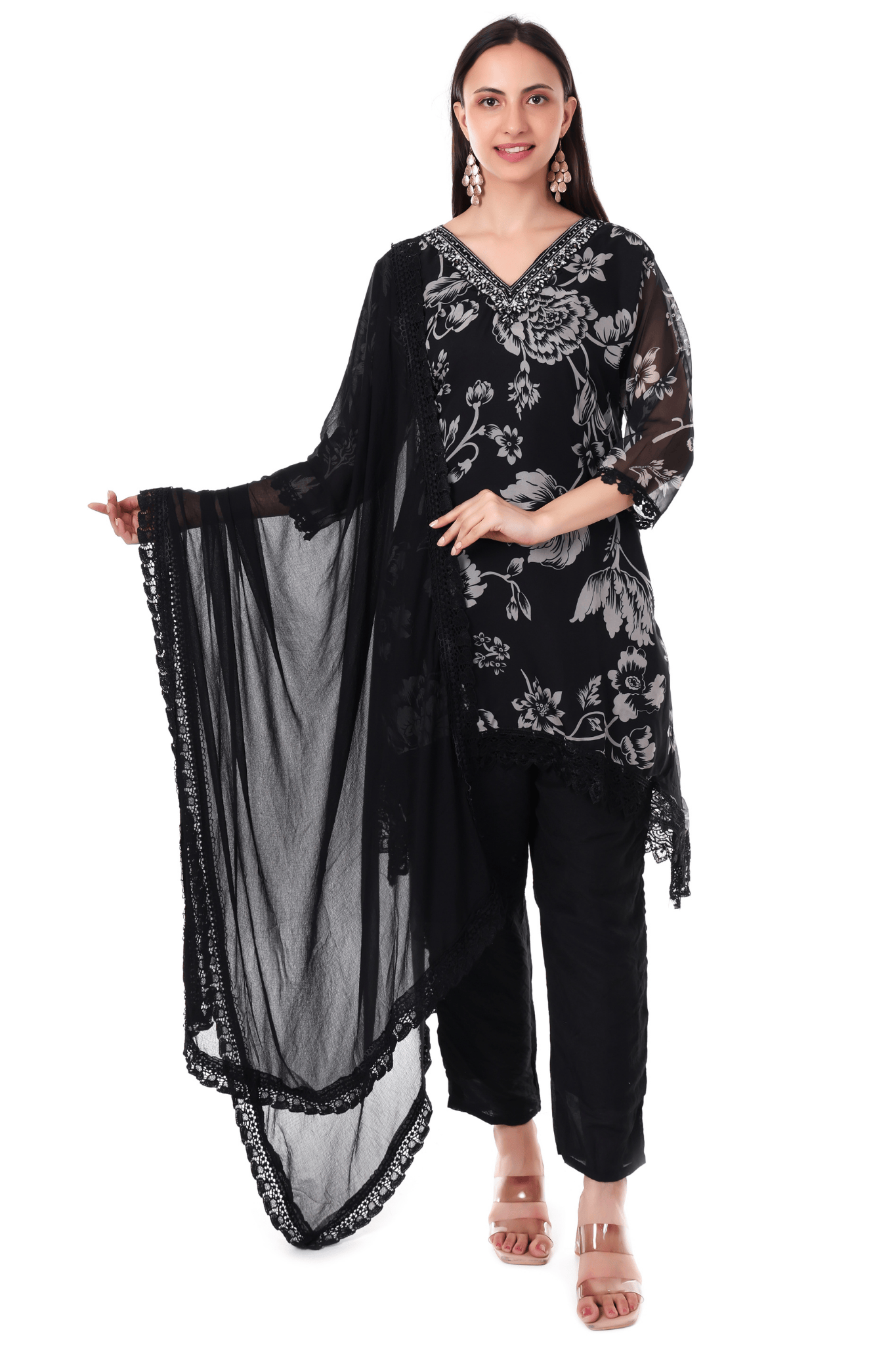 Black Cord set with lace and mirror work