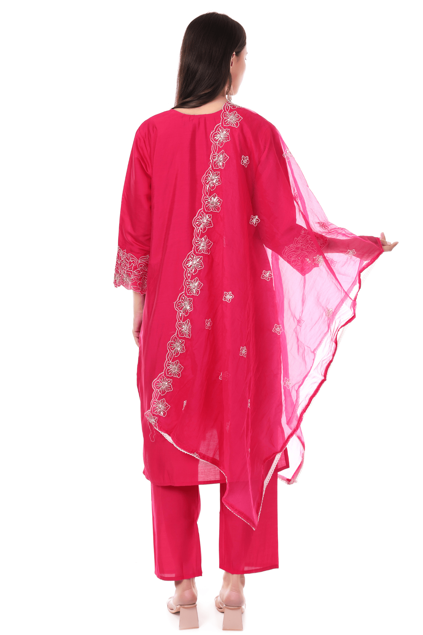 Pink Straight fit with thread embroidered and lace work