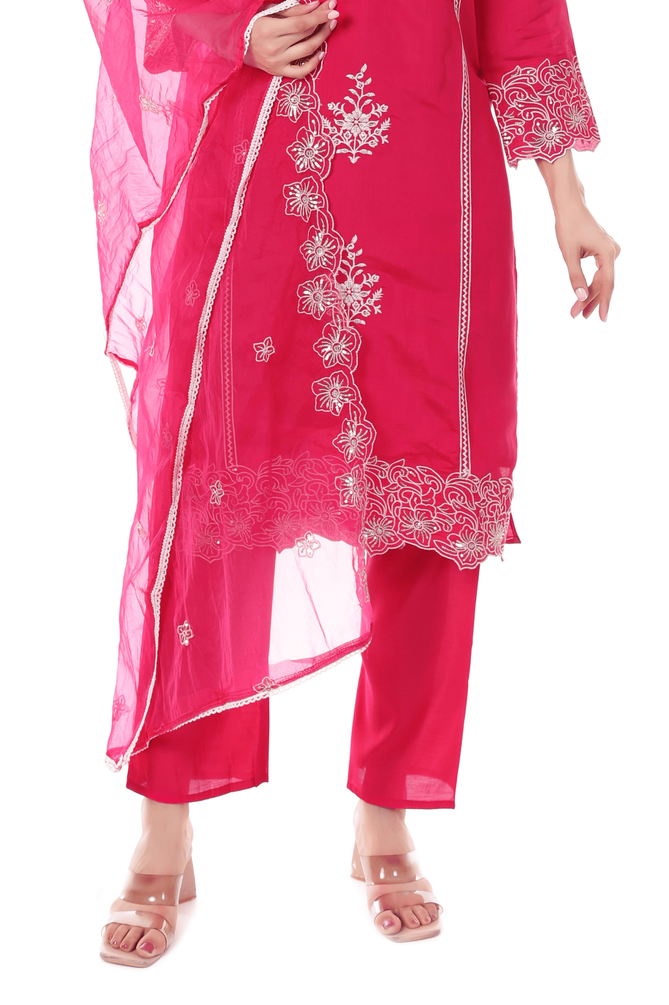 Pink Straight fit with thread embroidered and lace work