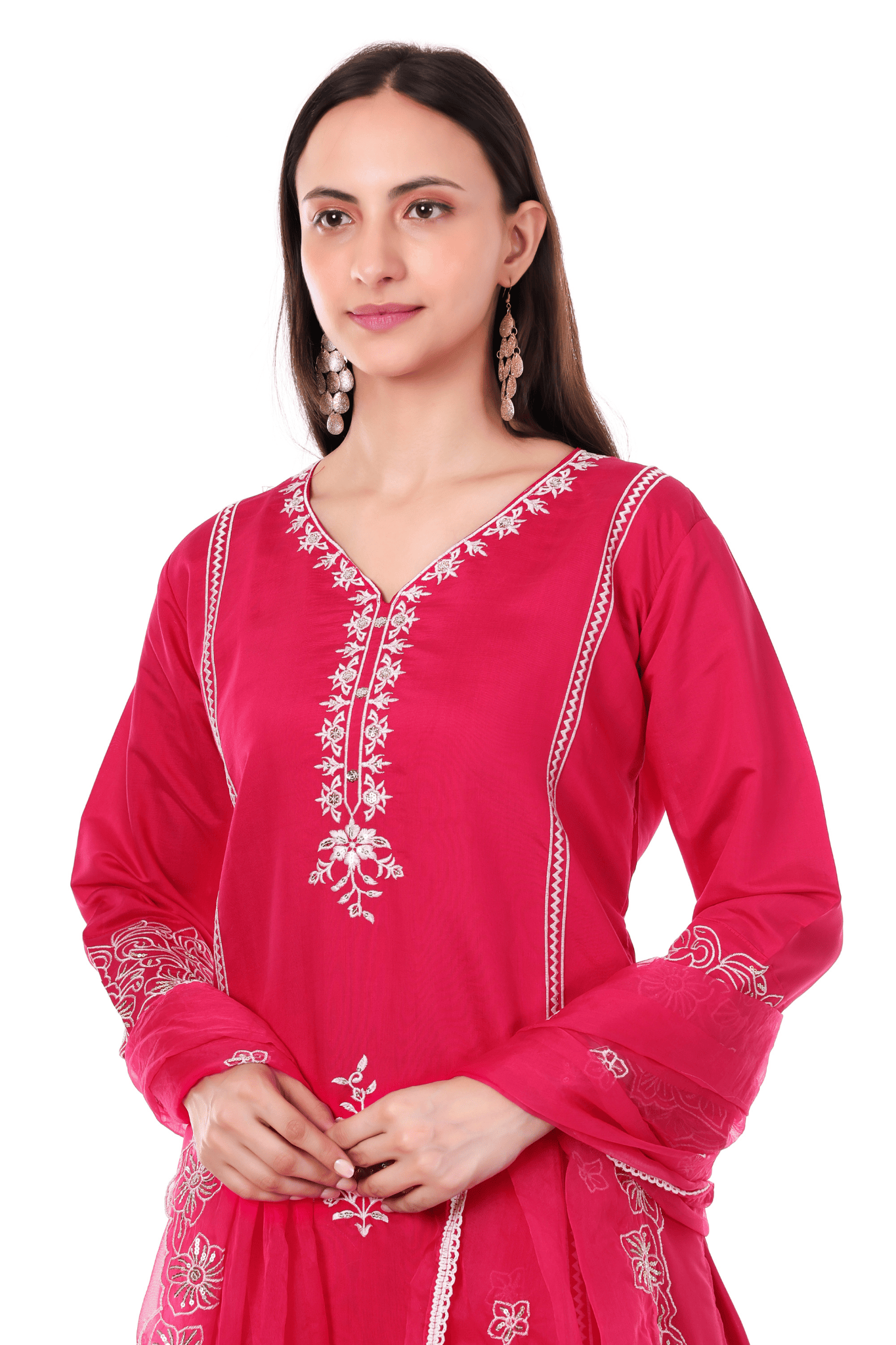 Pink Straight fit with thread embroidered and lace work