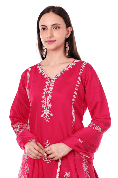 Pink Straight fit with thread embroidered and lace work