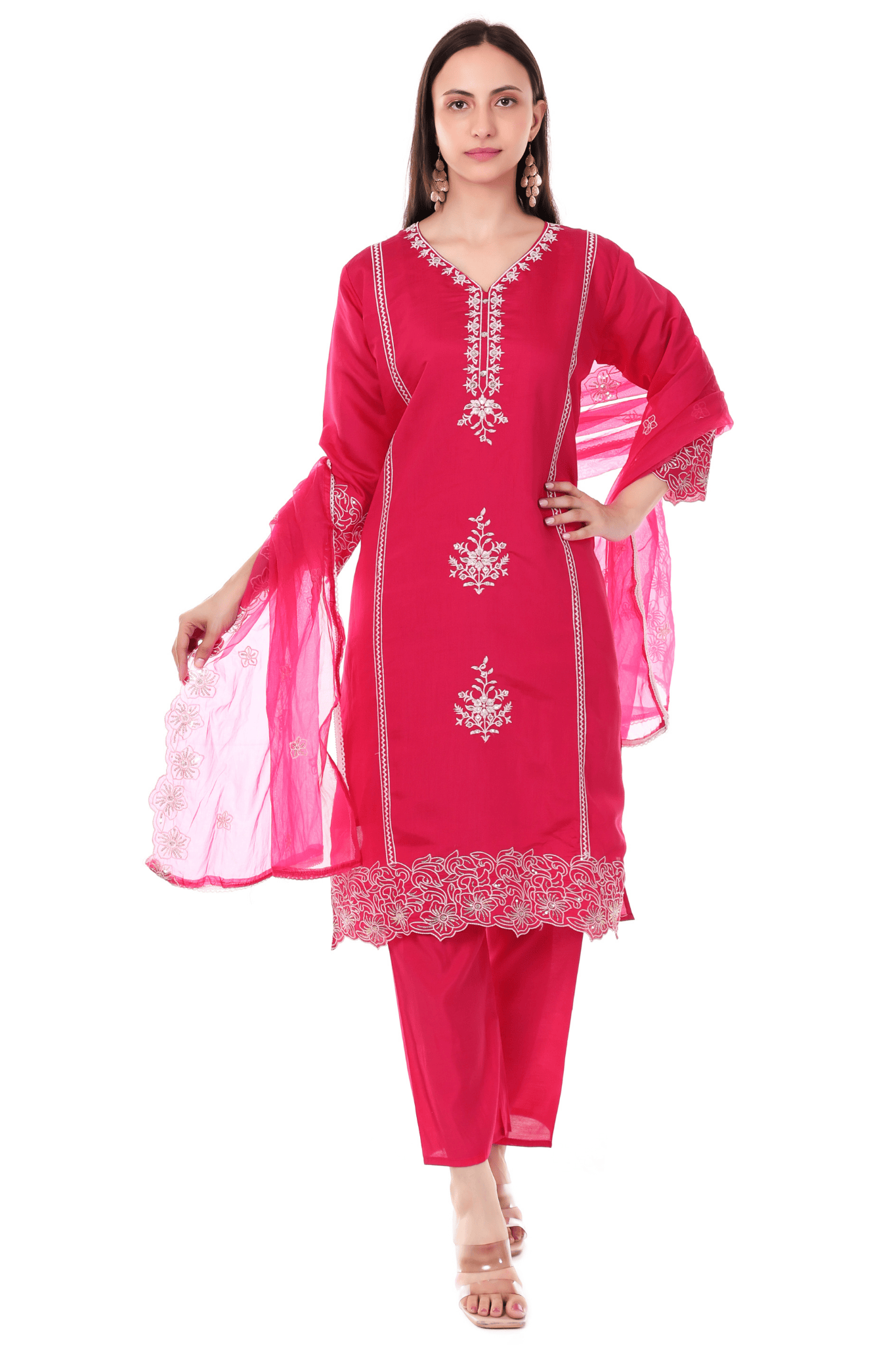 Pink Straight fit with thread embroidered and lace work