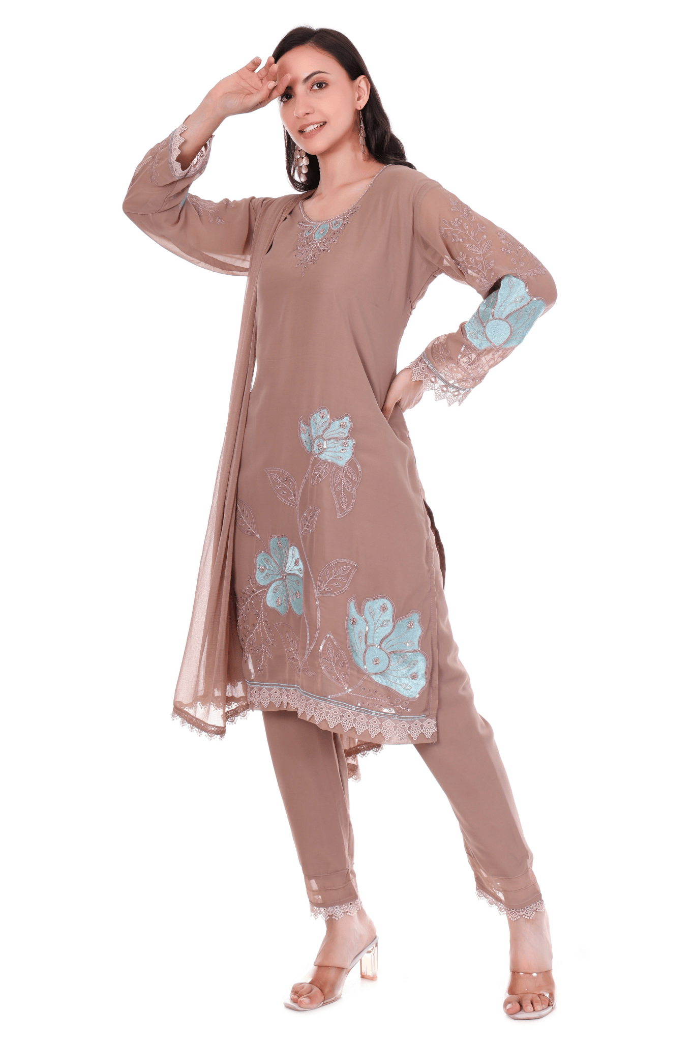 Chocolate brown georgette straight suit