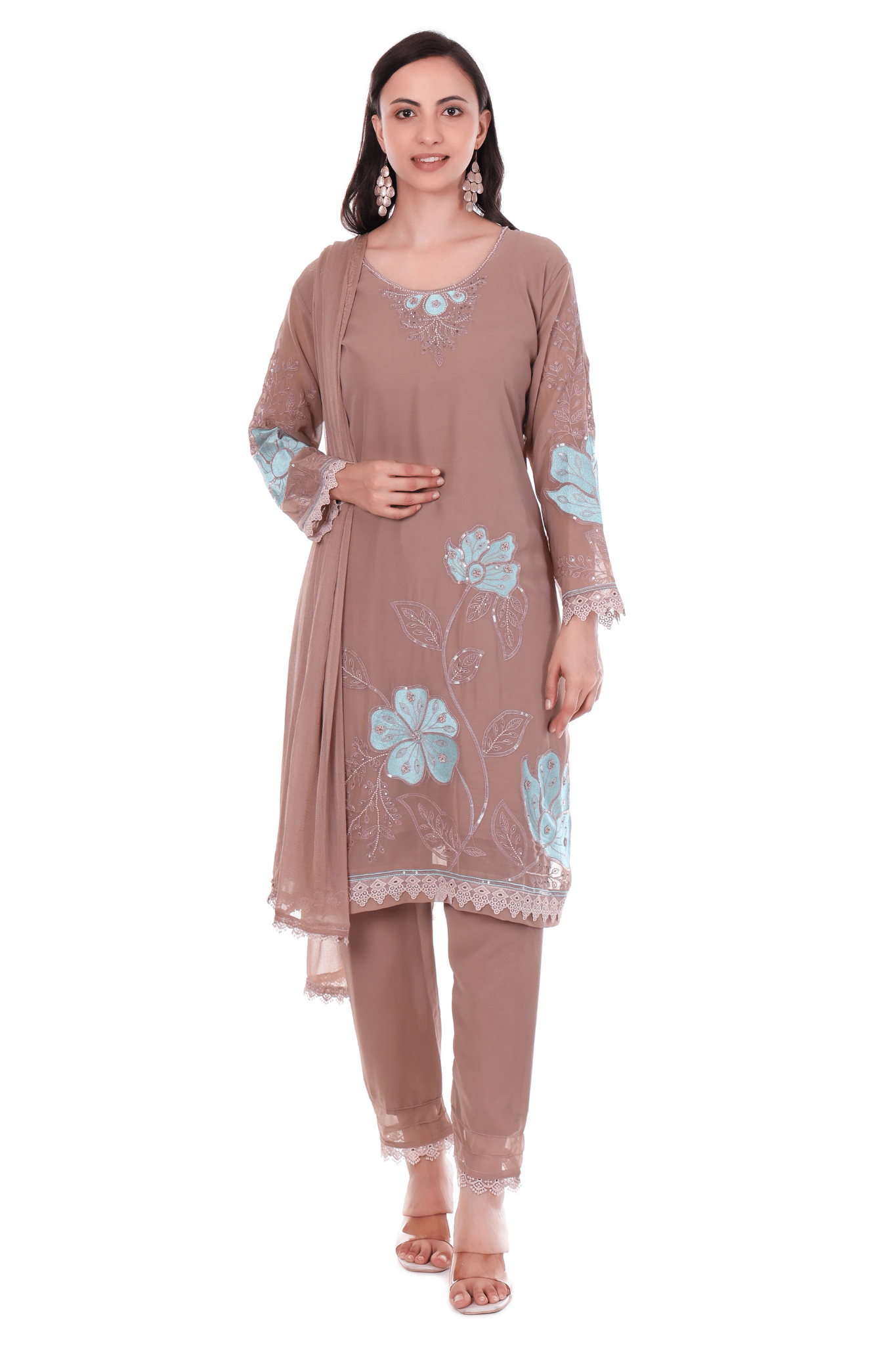 Chocolate brown georgette straight suit