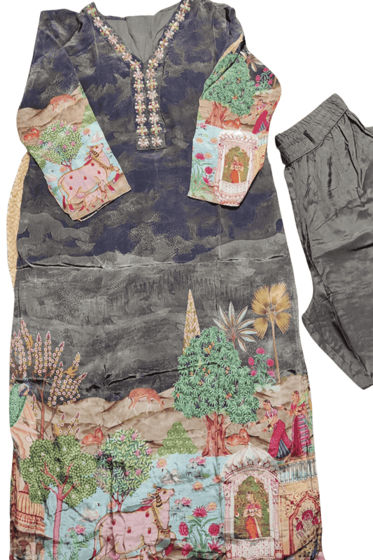 Black Grey crepe suit with animal print