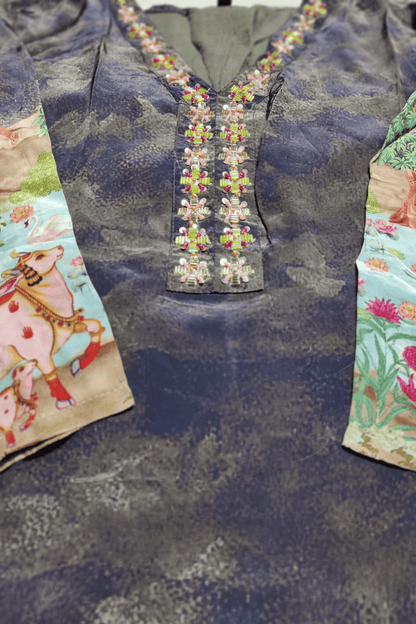 Black Grey crepe suit with animal print