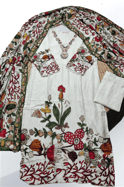 Ivory mix straight suit with hand painted