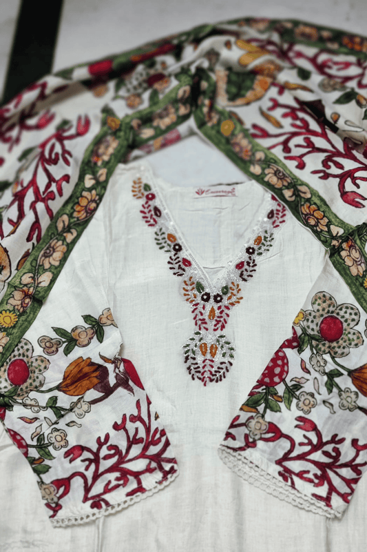 Ivory mix straight suit with hand painted