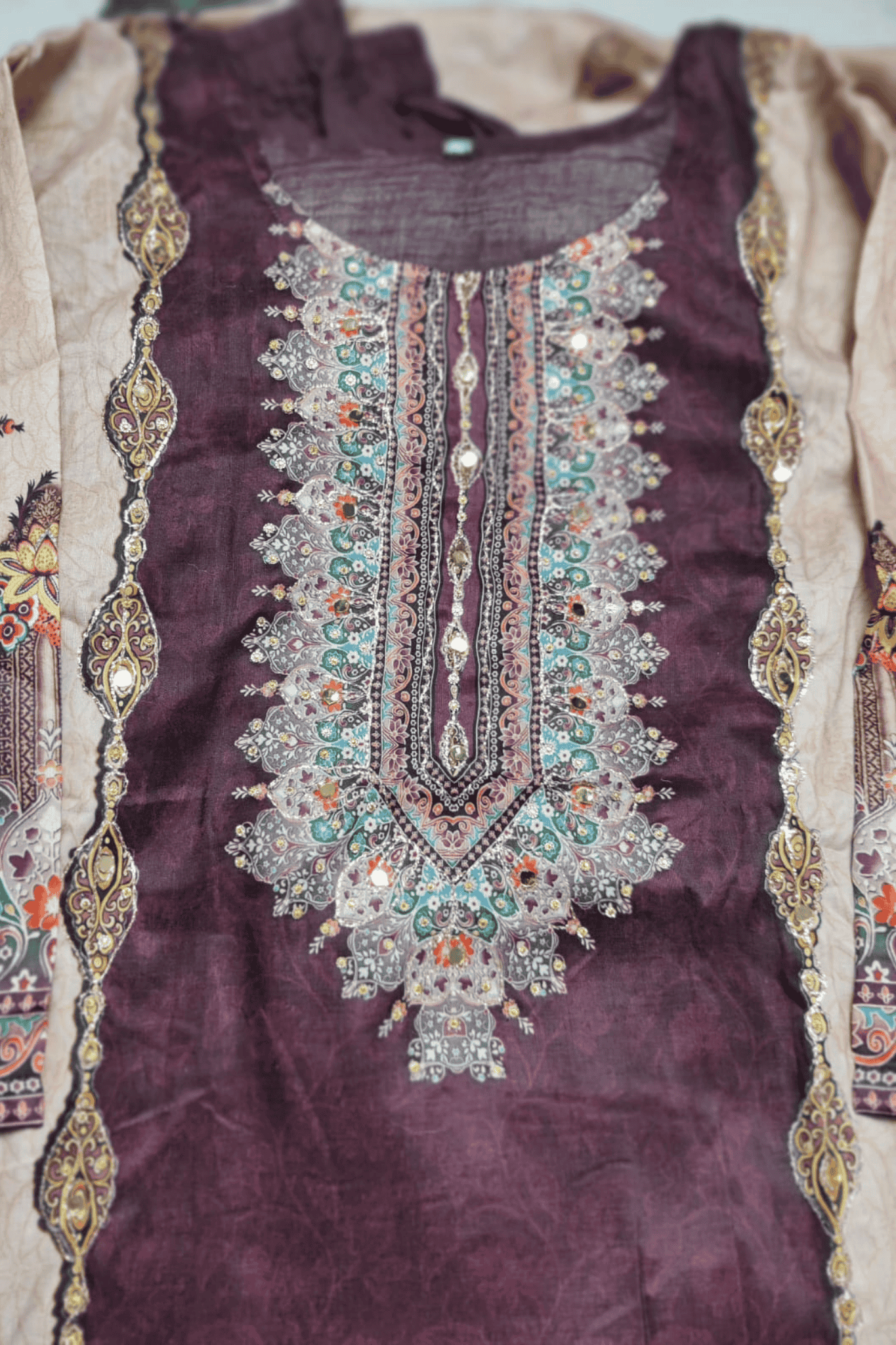 Wine brown printed zari work straight suit