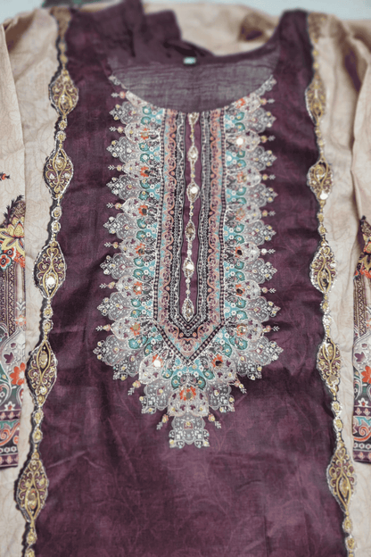 Wine brown printed zari work straight suit