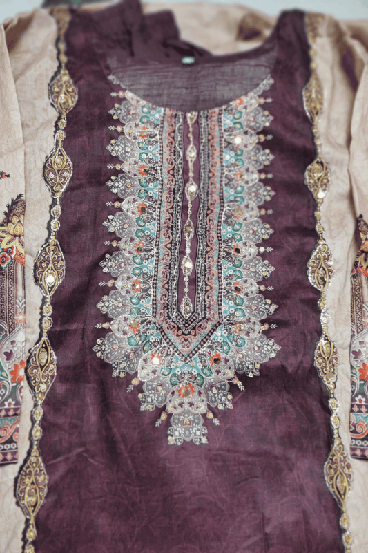 Wine brown printed zari work straight suit