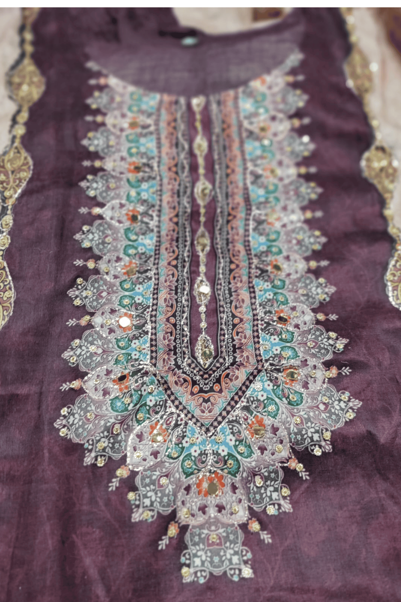 Wine brown printed zari work straight suit