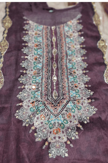 Wine brown printed zari work straight suit