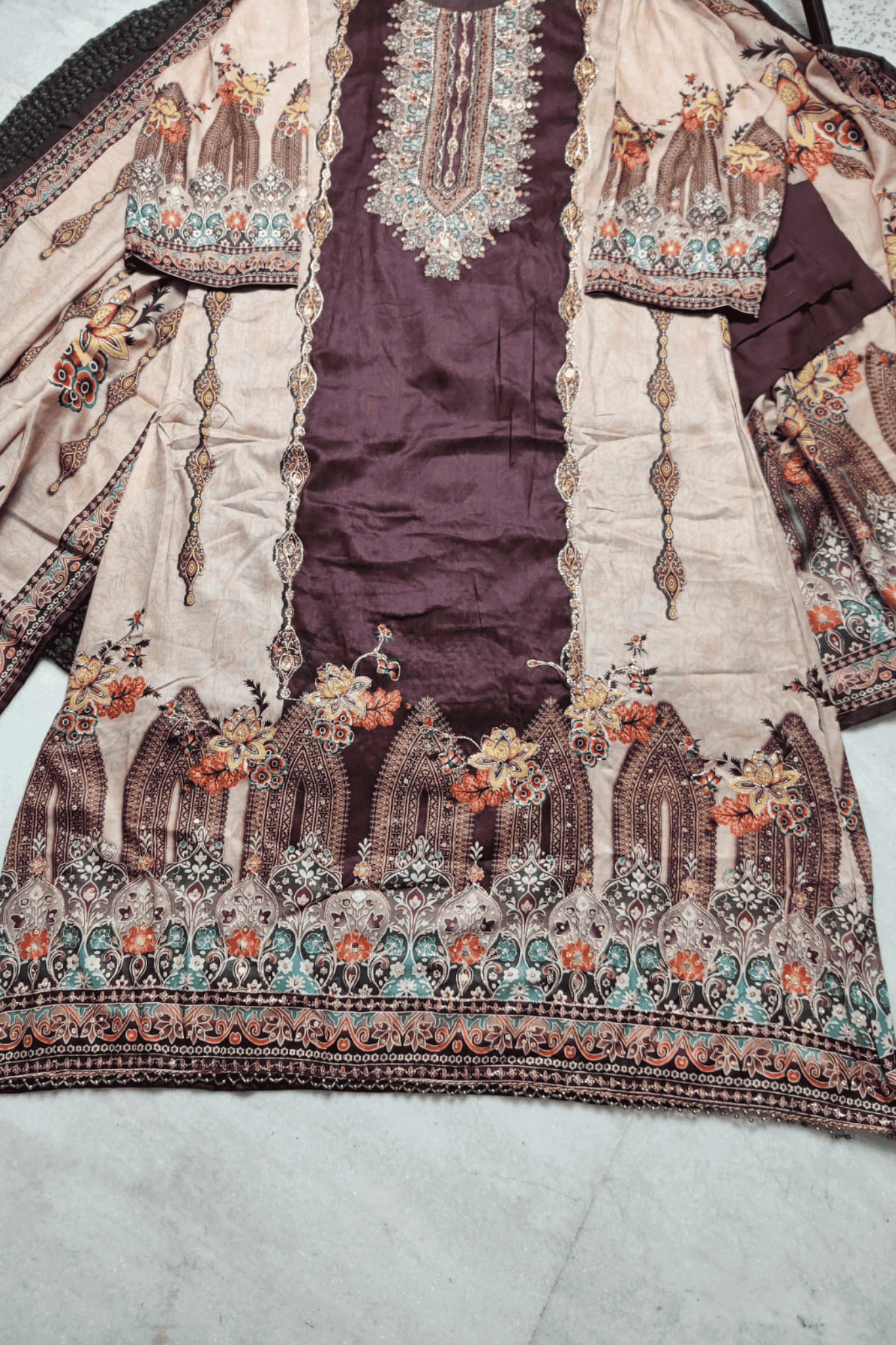 Wine brown printed zari work straight suit