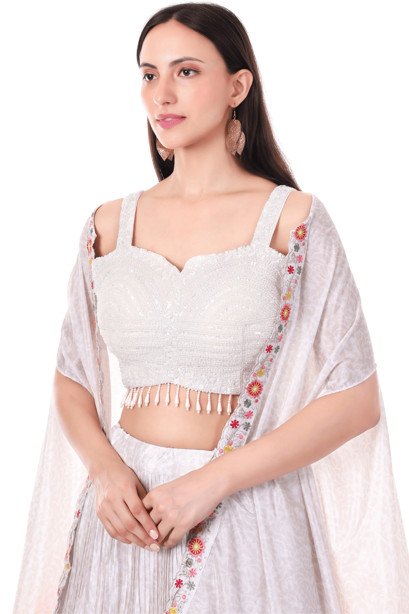 White with multicolor floral cape skirt set