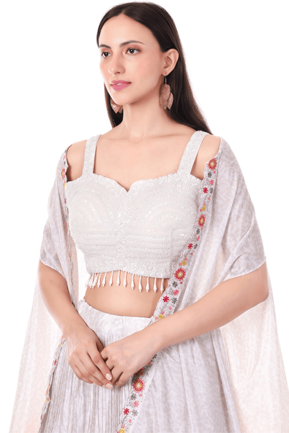 White with multicolor floral cape skirt set