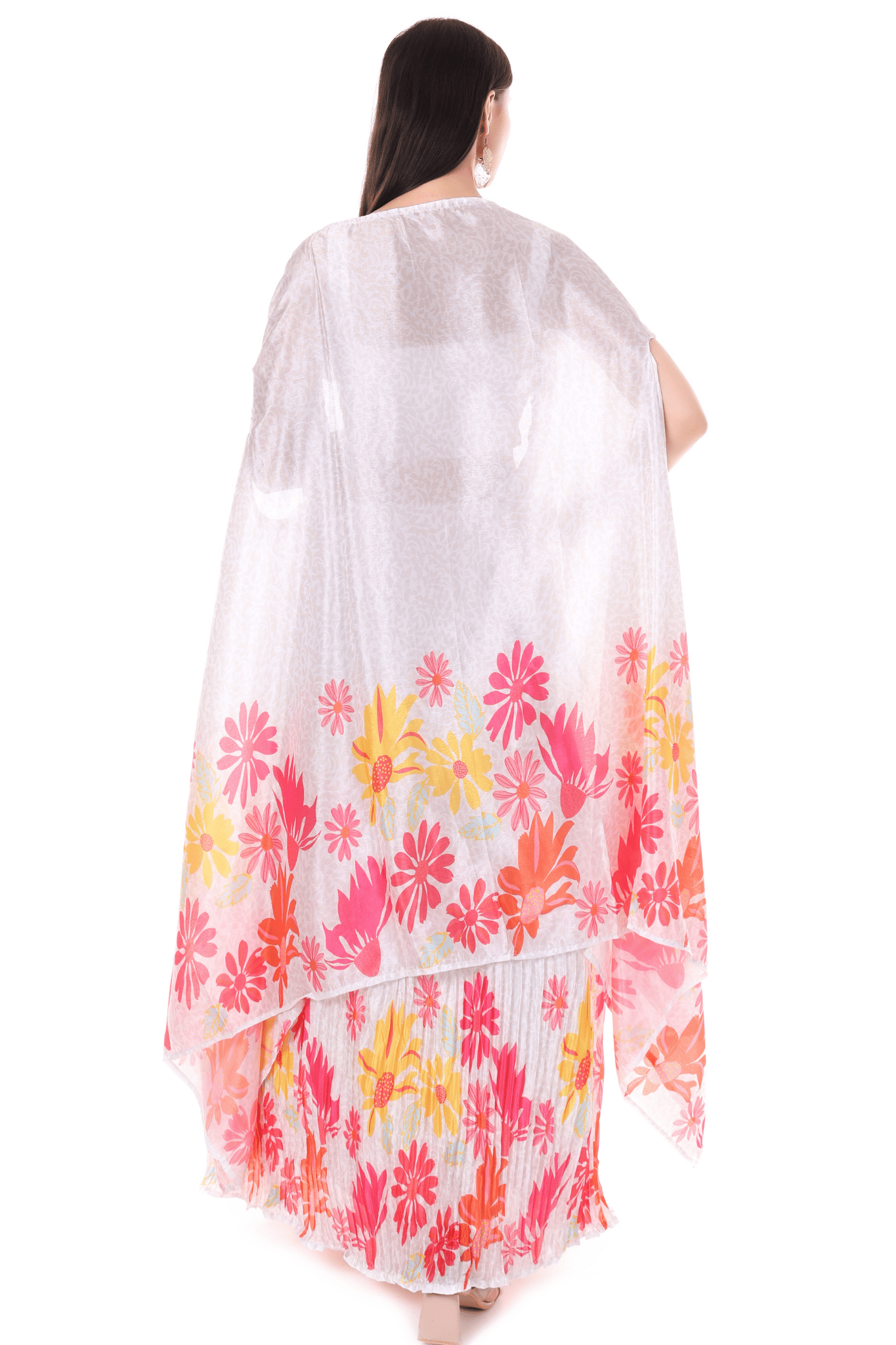 White with multicolor floral cape skirt set