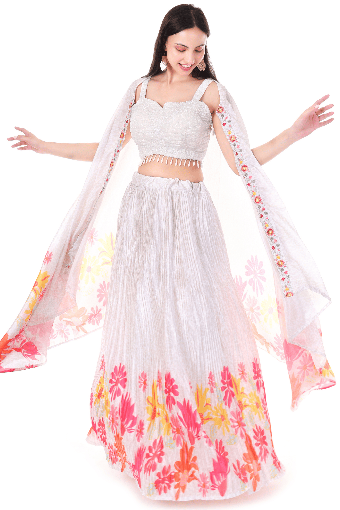White with multicolor floral cape skirt set