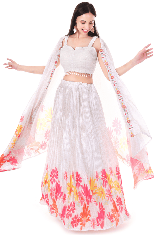 White with multicolor floral cape skirt set