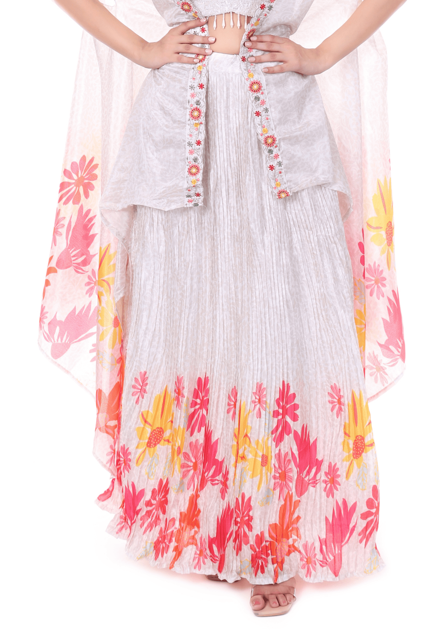 White with multicolor floral cape skirt set