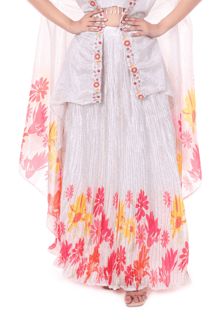 White with multicolor floral cape skirt set