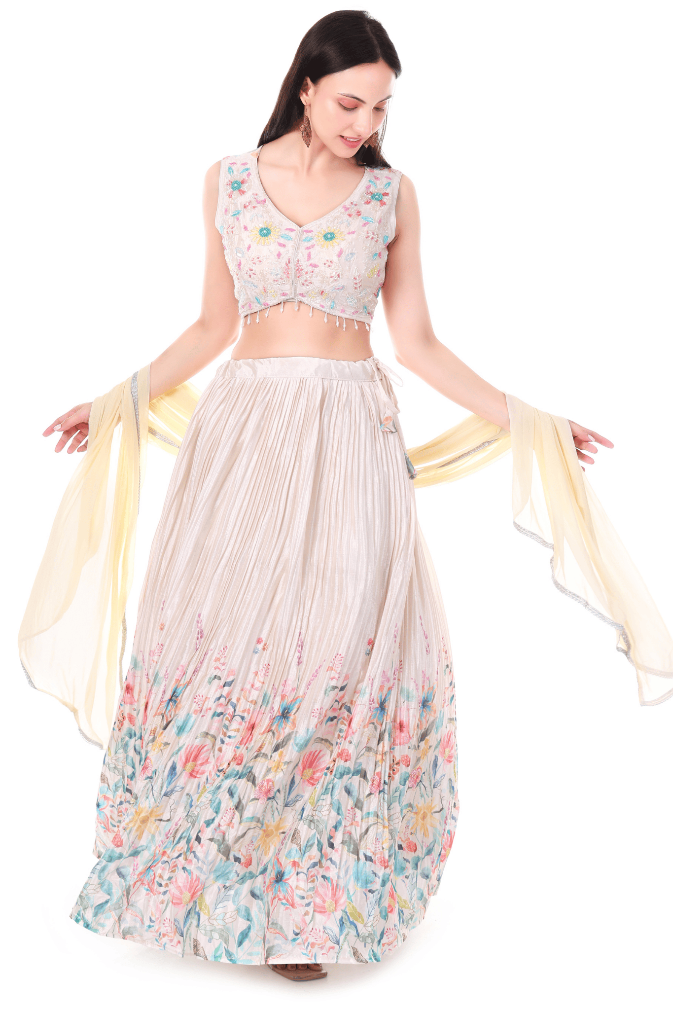 White with multicolor floral printed skirt set