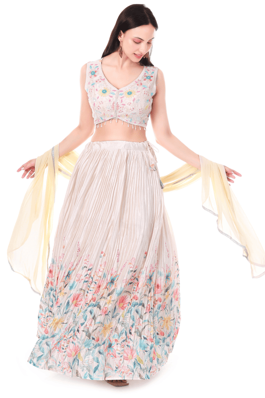 White with multicolor floral printed skirt set