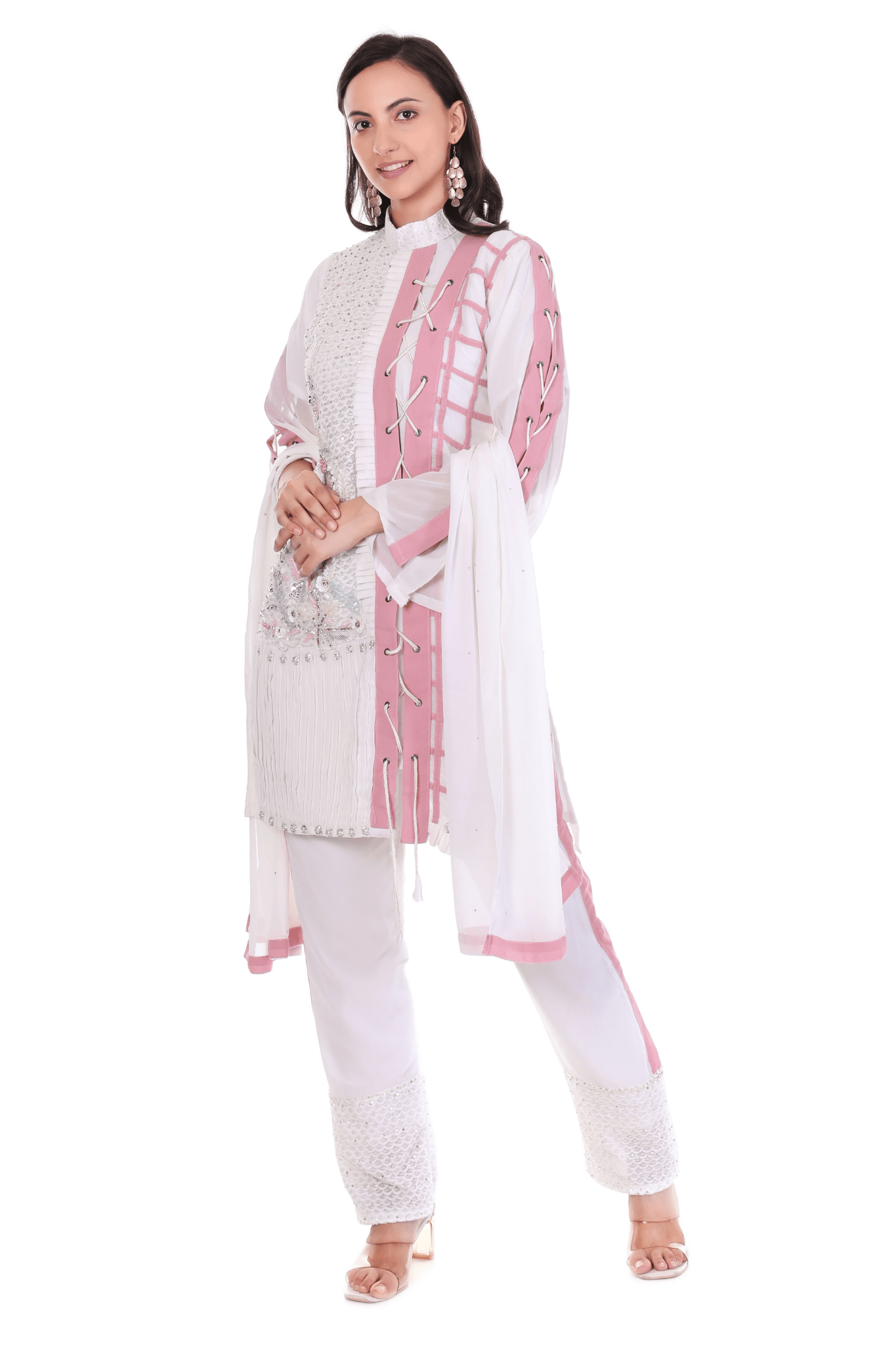 Short straight fit zig zag notted heavy embroidered white pink suit