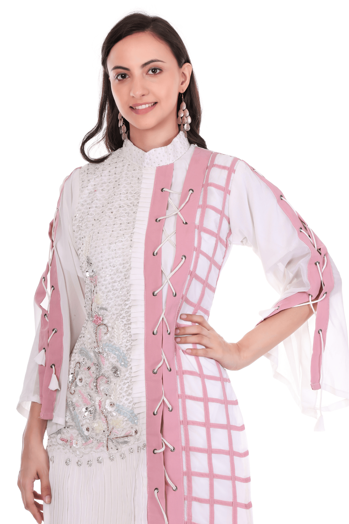 Short straight fit zig zag notted heavy embroidered white pink suit