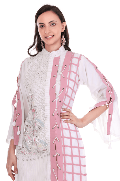 Short straight fit zig zag notted heavy embroidered white pink suit