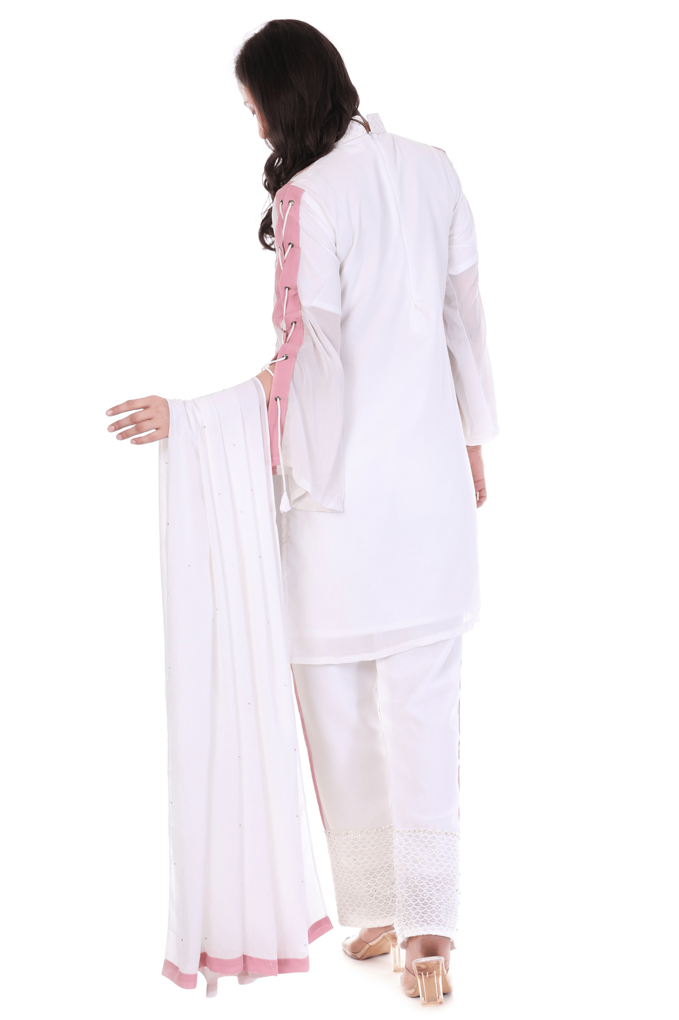 Short straight fit zig zag notted heavy embroidered white pink suit
