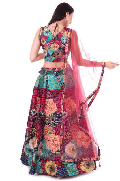 Wine colored Lahenga with floral prints
