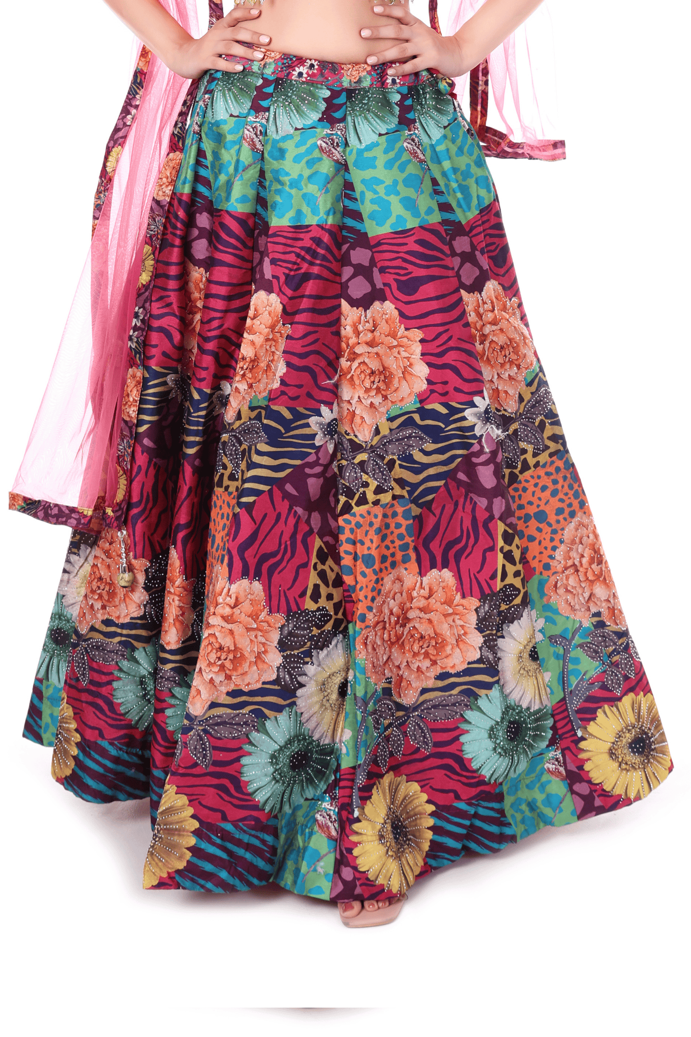 Wine colored Lahenga with floral prints