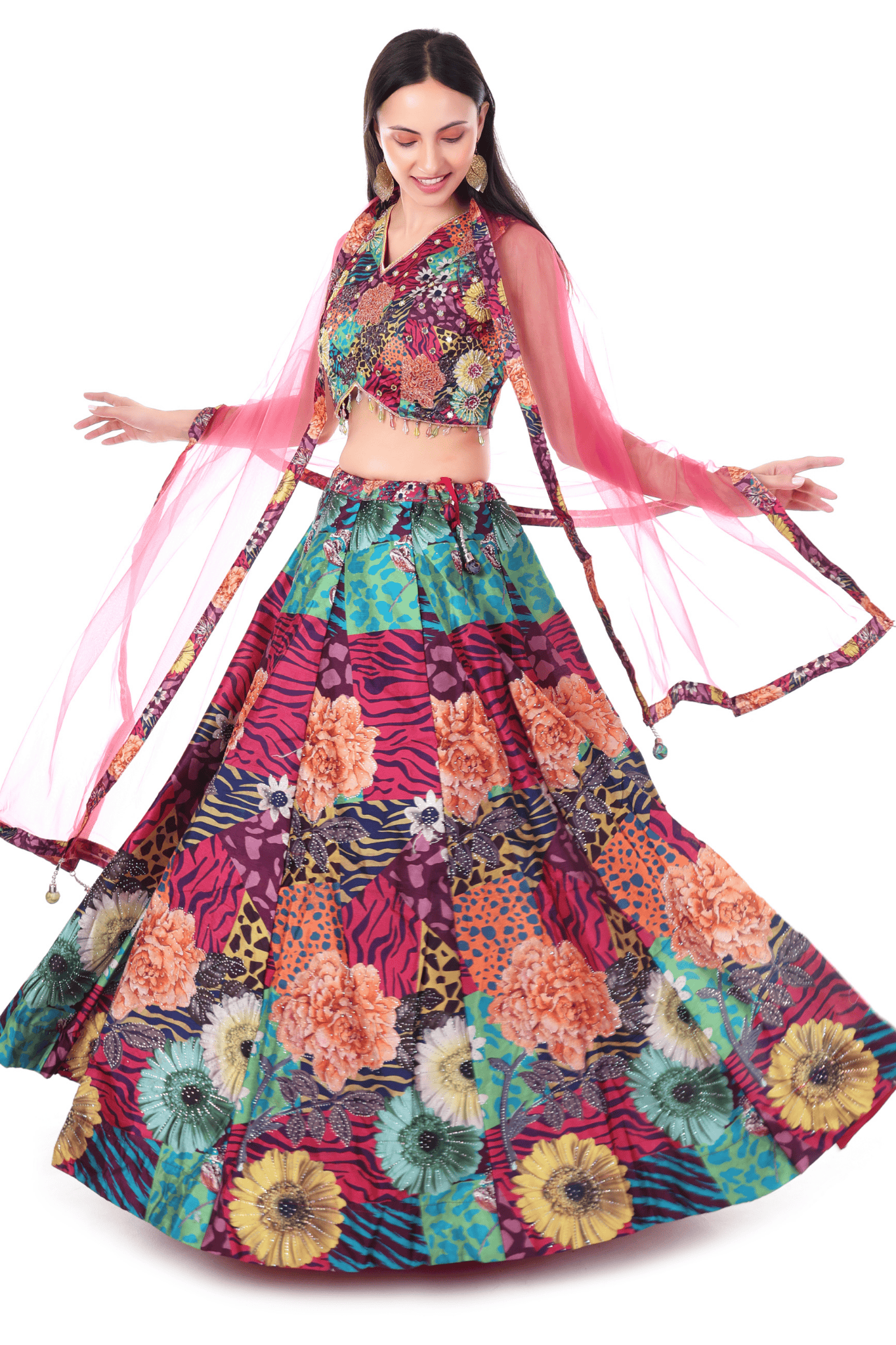Wine colored Lahenga with floral prints