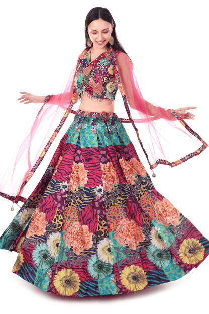 Wine colored Lahenga with floral prints