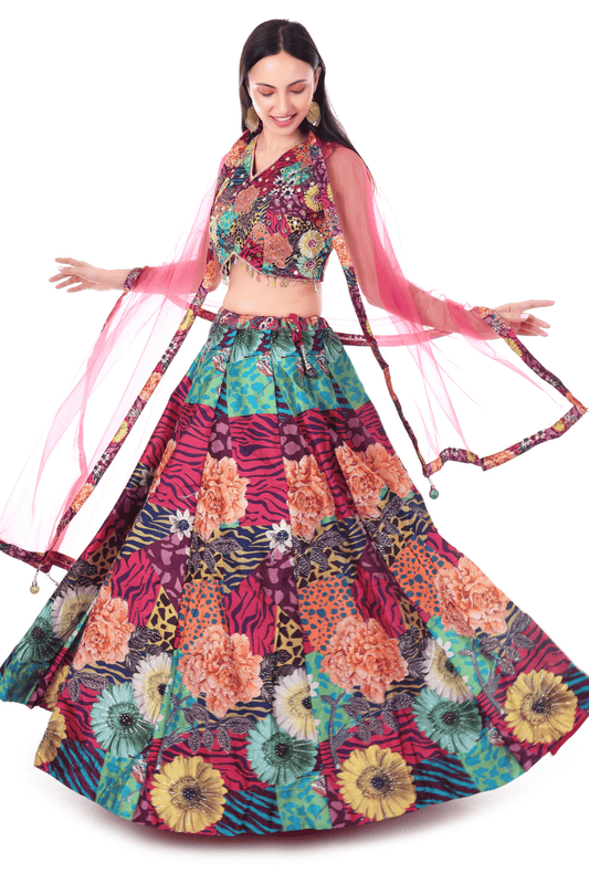 Wine colored Lahenga with floral prints