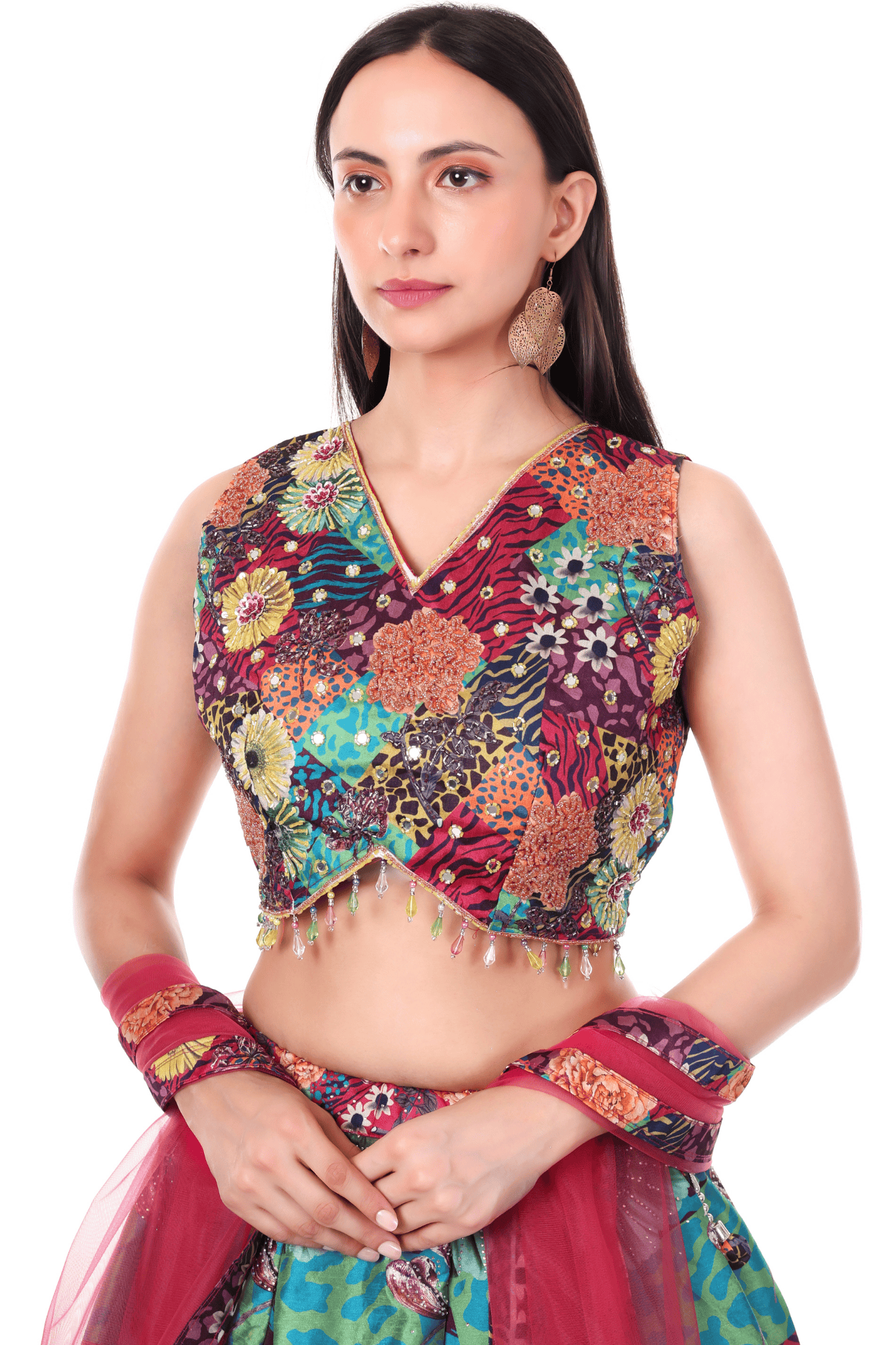 Wine colored Lahenga with floral prints
