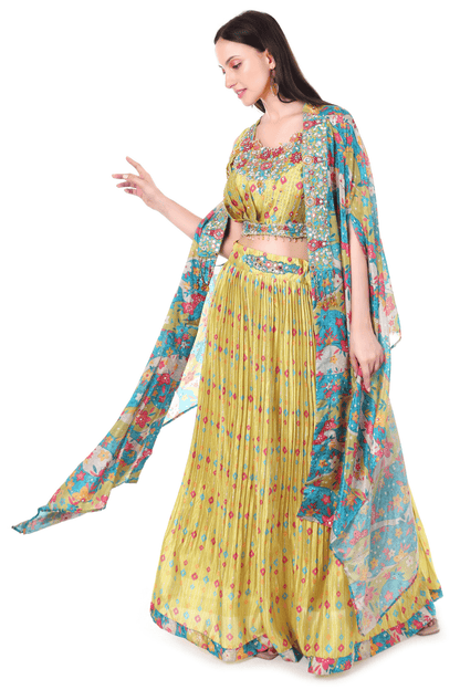 Green floral cape skirt indowestern