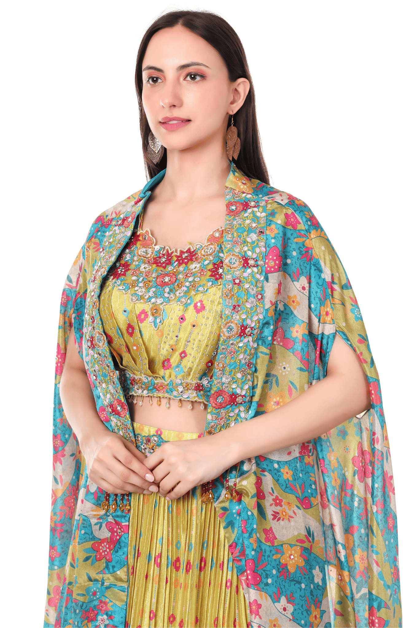 Green floral cape skirt indowestern