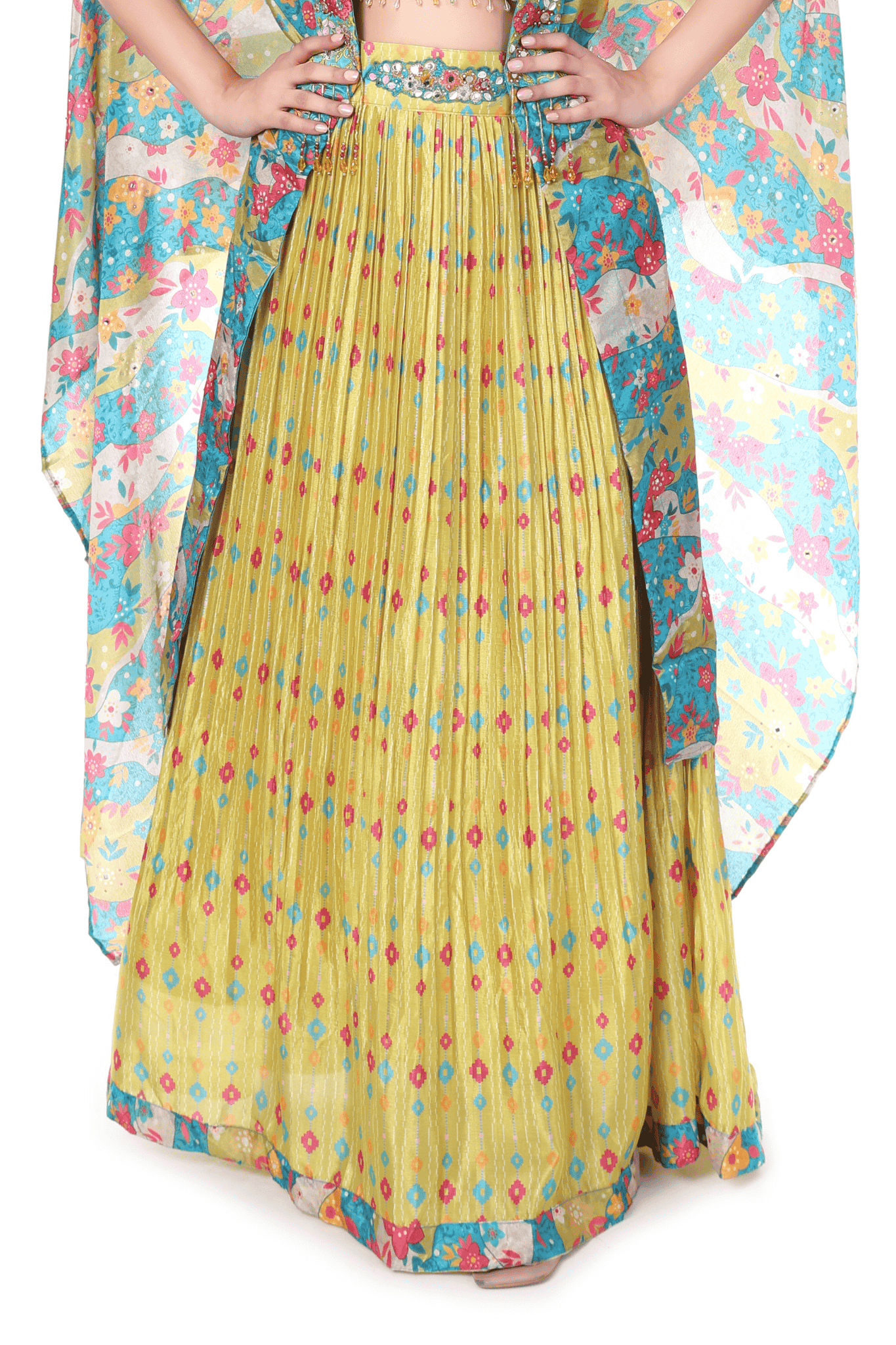 Green floral cape skirt indowestern